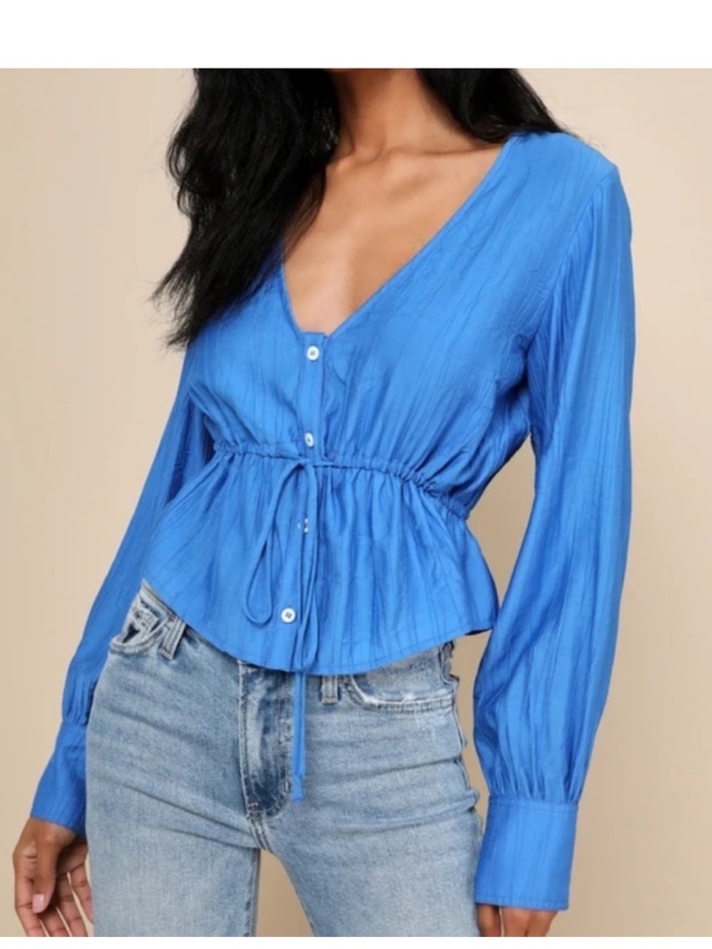 Lulu's Blue V-Neck Blouse with Button Detail
